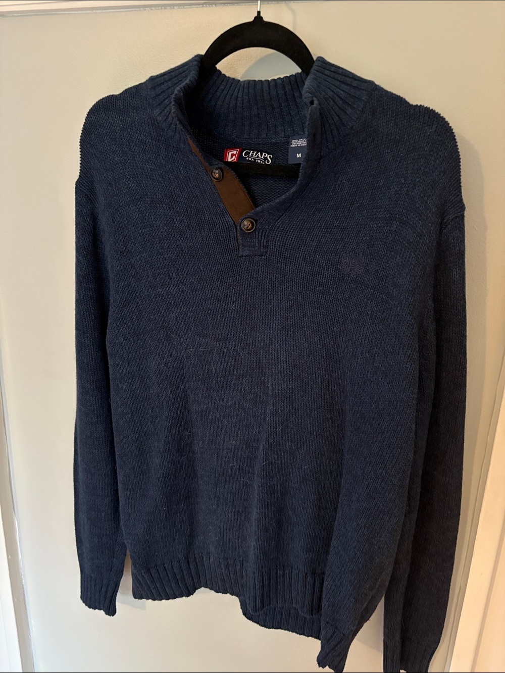 GUC Chaps Men's Navy Button Shawl Collar Sweater Size M Elbow Suede